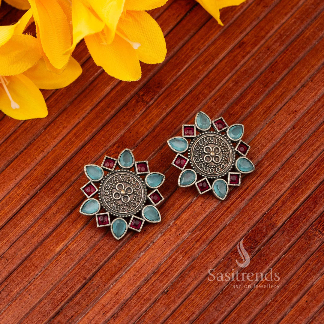 Radiant Mandala Stud Skyblue And Ruby Stone Stud Oxidised Earrings