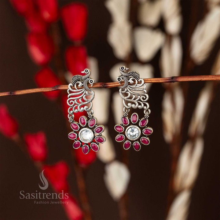 Peacock Petal Oxidised Earrings Ruby Flower Stone Online Shopping