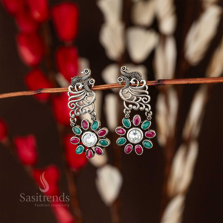 Peacock Petal Oxidised Earrings Ruby Green Flower Stone Online Shopping