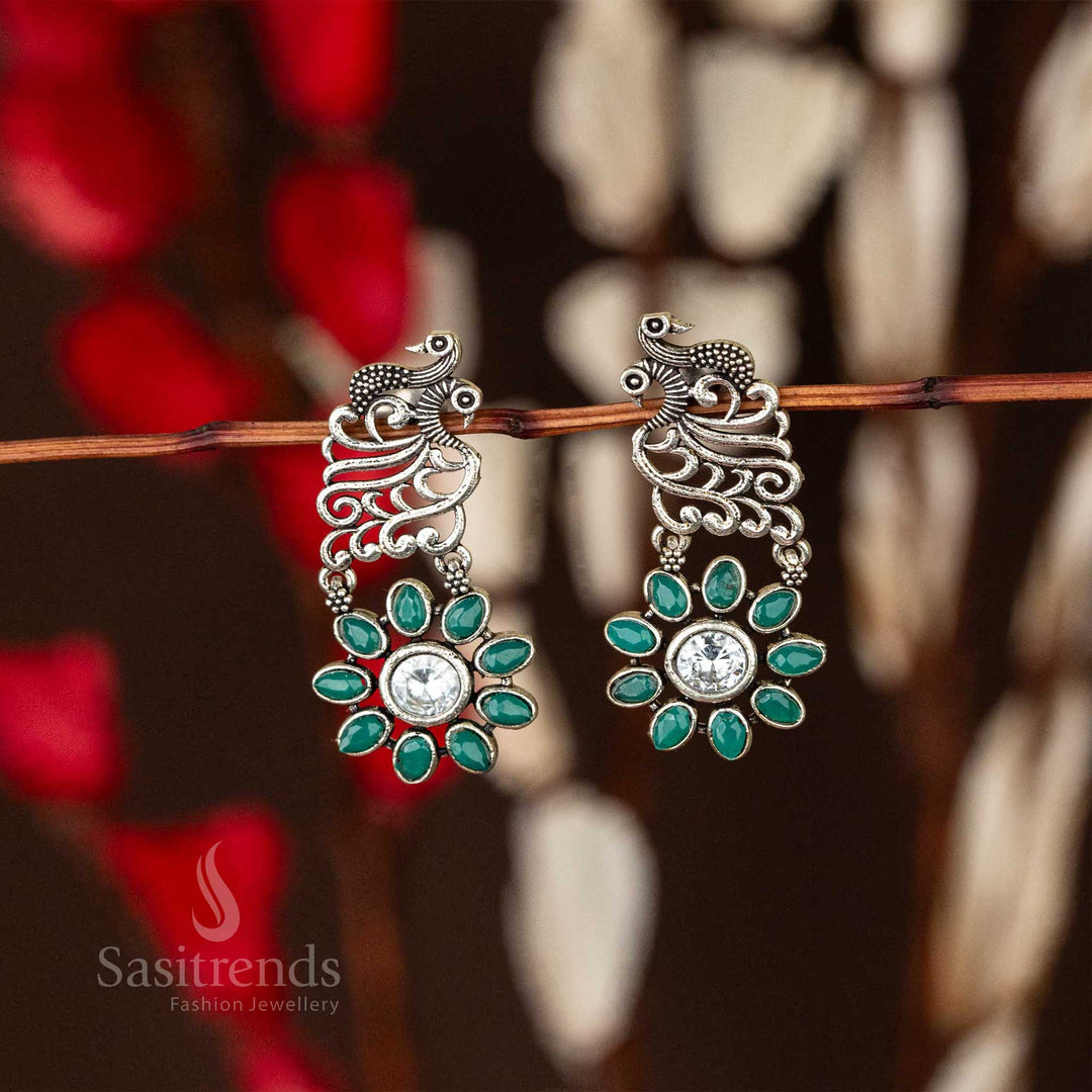 Peacock Petal Oxidised Earrings Green Flower Stone Sasitrends