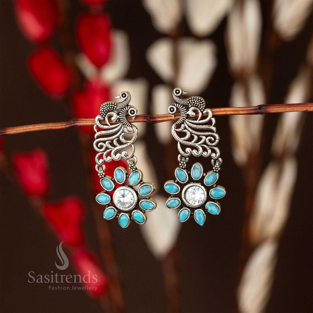 Peacock Petal Oxidised Earrings Sky Blue Flower Stone Online Shopping