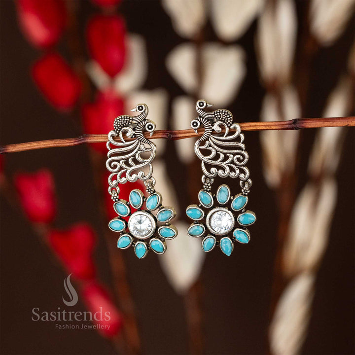 Peacock Petal Oxidised Earrings Sky Blue Flower Stone Online Shopping