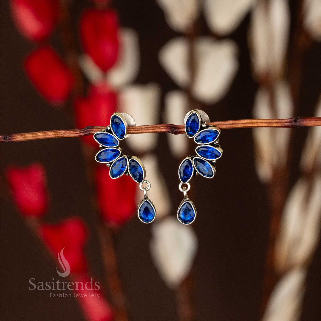 Latest oxidised earrings with blue marquise stones in leaf design and waterdrop designer