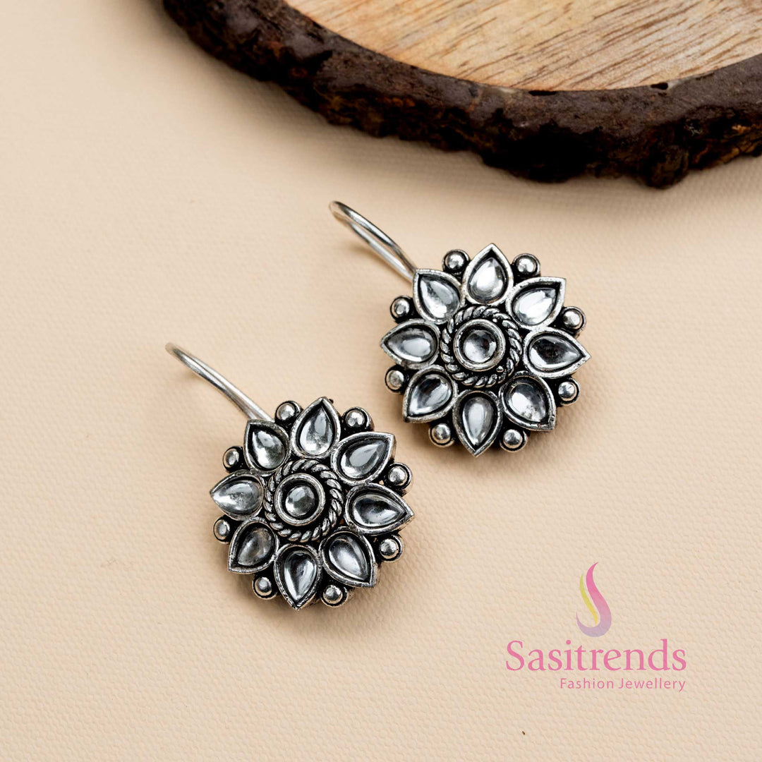 Latest Flower Pattern Oxidized German Silver Hook Earrings
