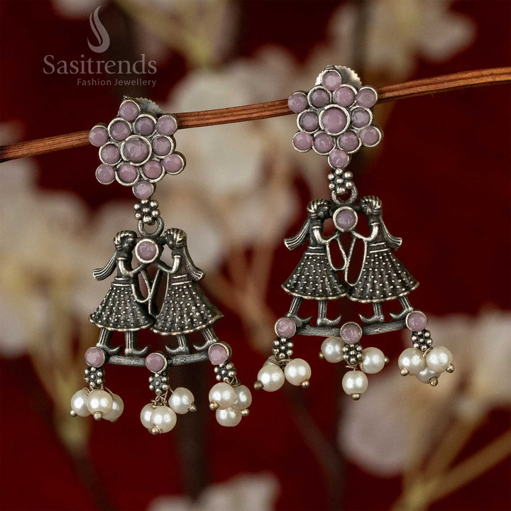 Elegance Oxidised Silver Tiara Tale Pink Stone Stud Earrings Sasitrends Online Shopping