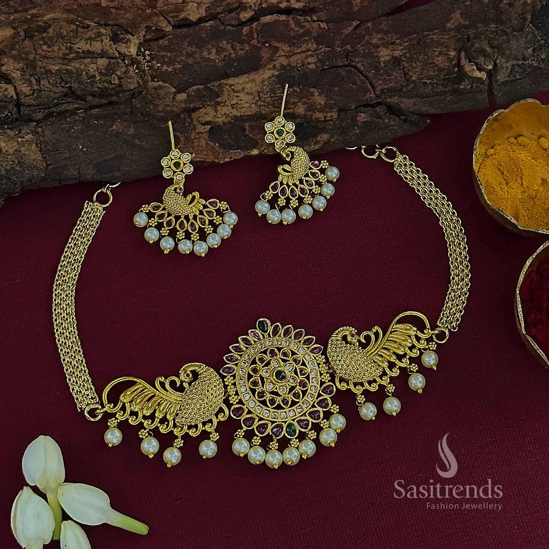Temple Gold Tone AD Peacock Floral Choker Necklace Set with Earrings - Sasitrends