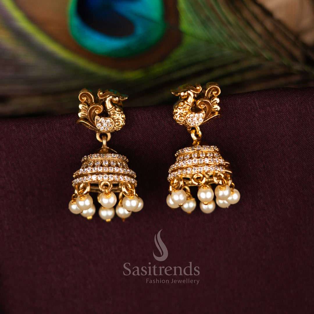 Premium High-Quality Matte Gold Plated AD Earrings with peacock and dome jhumka Sasitrends