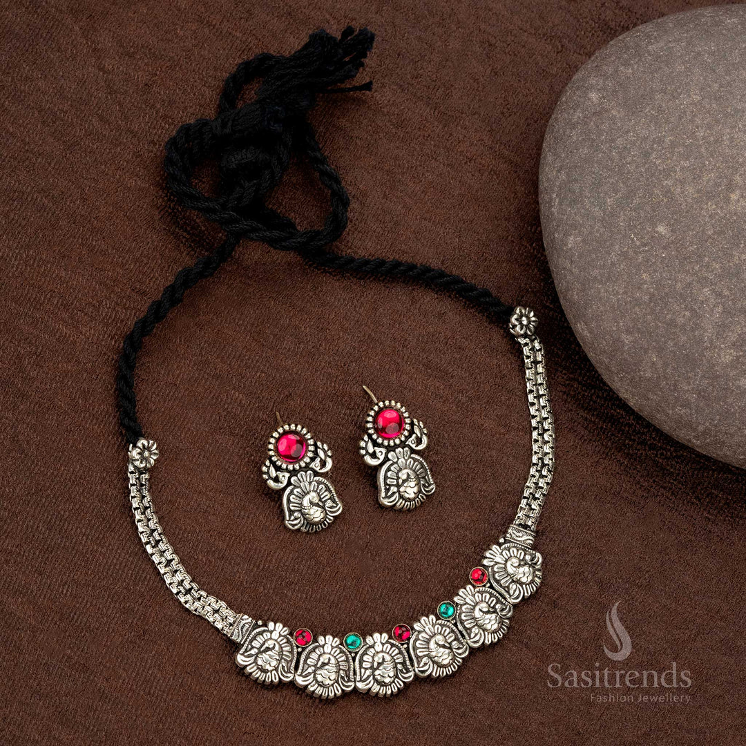 Oxidised peacock motif necklace set with adjustable thread closure - Sasitrends