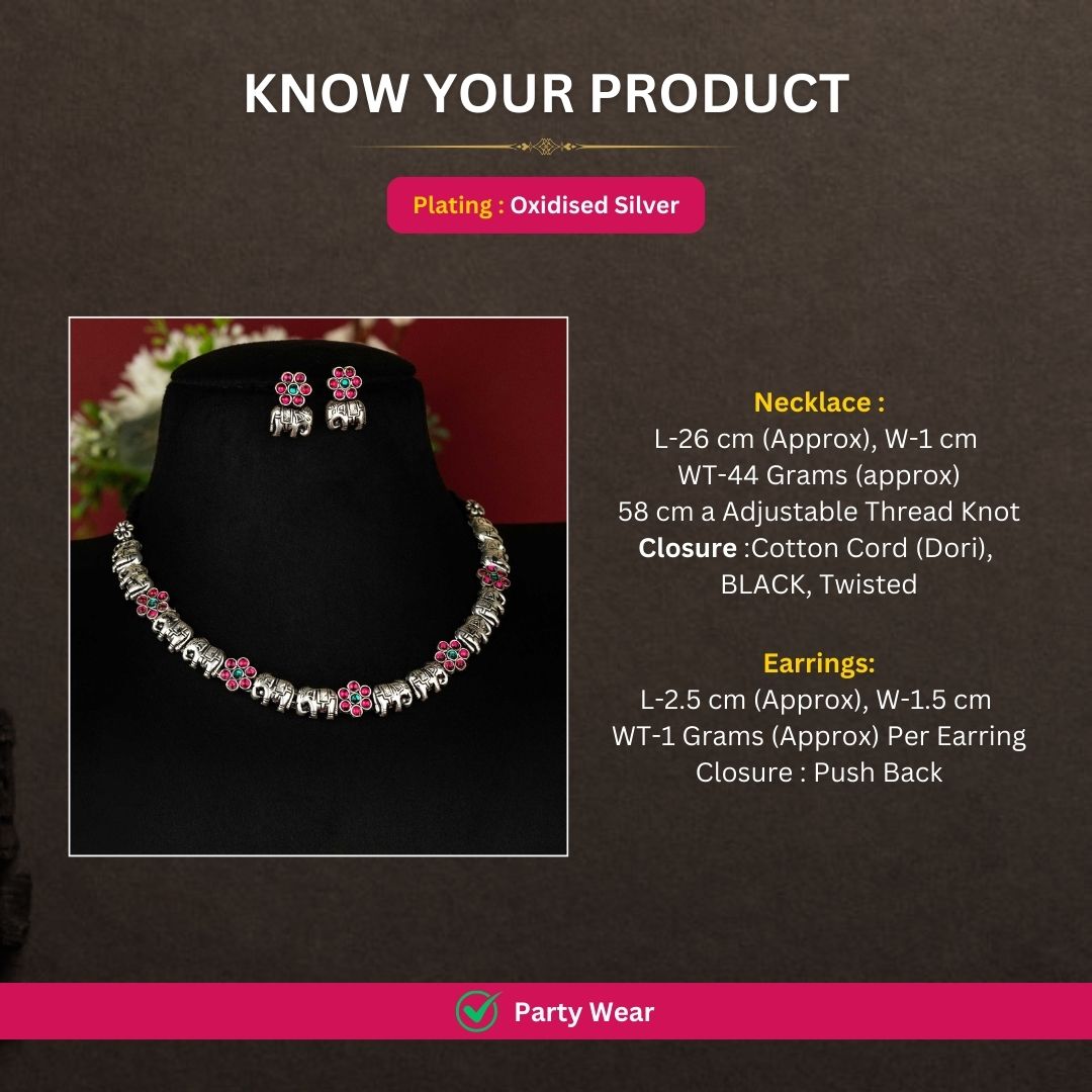 Oxidised Silver plated necklace jewellery set measurement image - Sasitrends