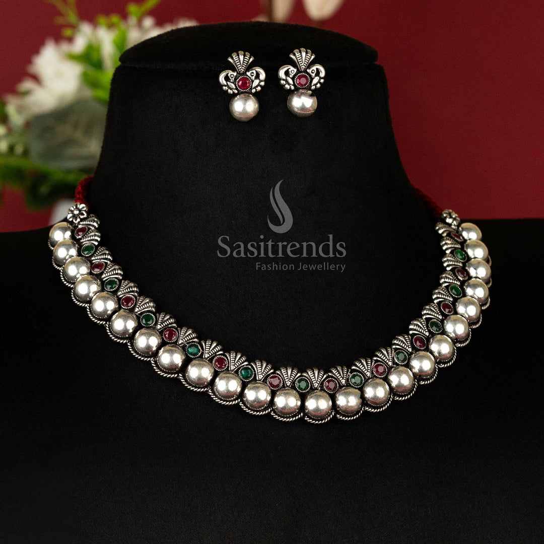 Traditional Kolhapuri Jewellery with Ruby Green Stones and Oxidised Finish Sasitrends Online Shopping