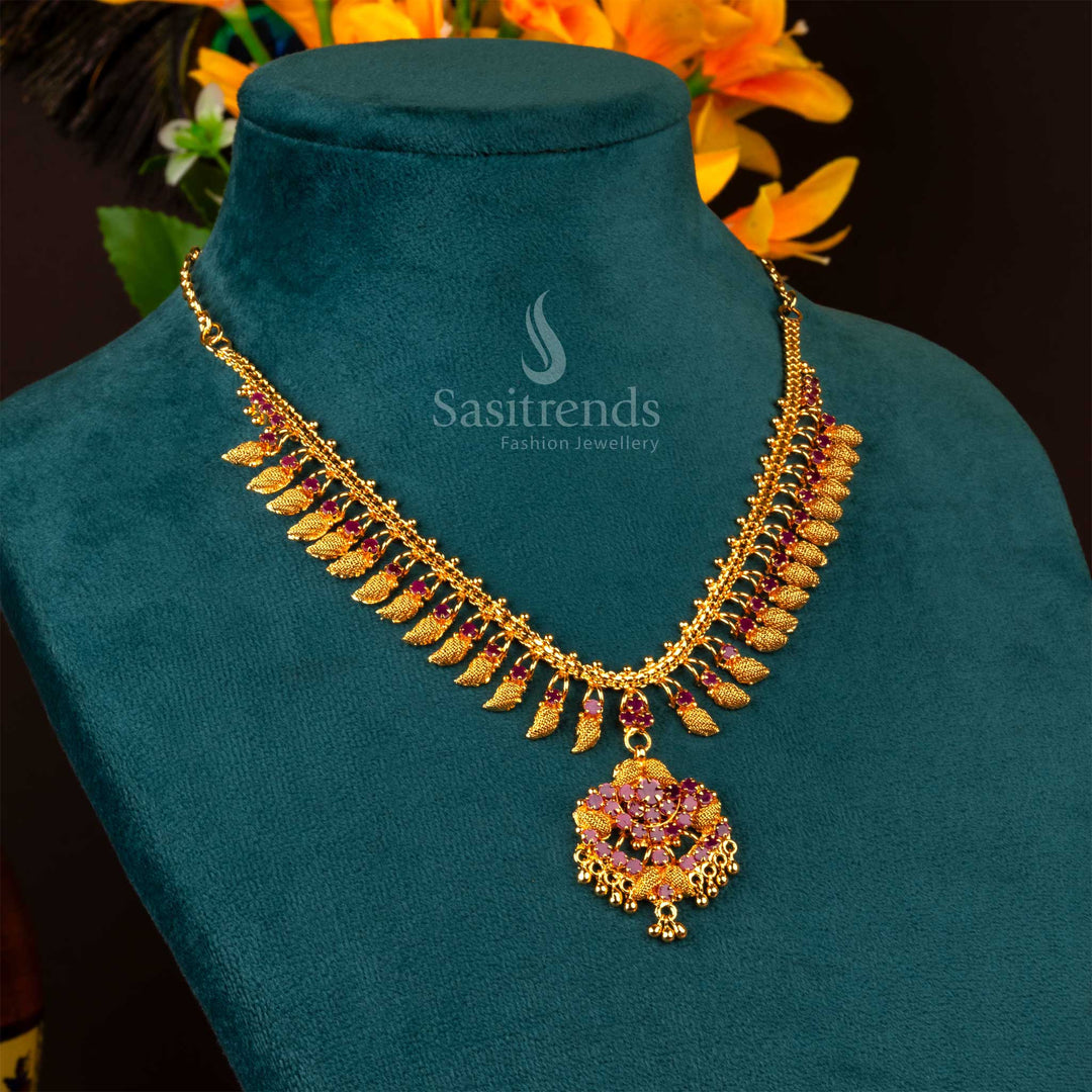 Classic timeless micro gold plated ruby floral pendant traditional necklace, enhanced with golden ball detailing and delicate craftsmanship - Sasitrends