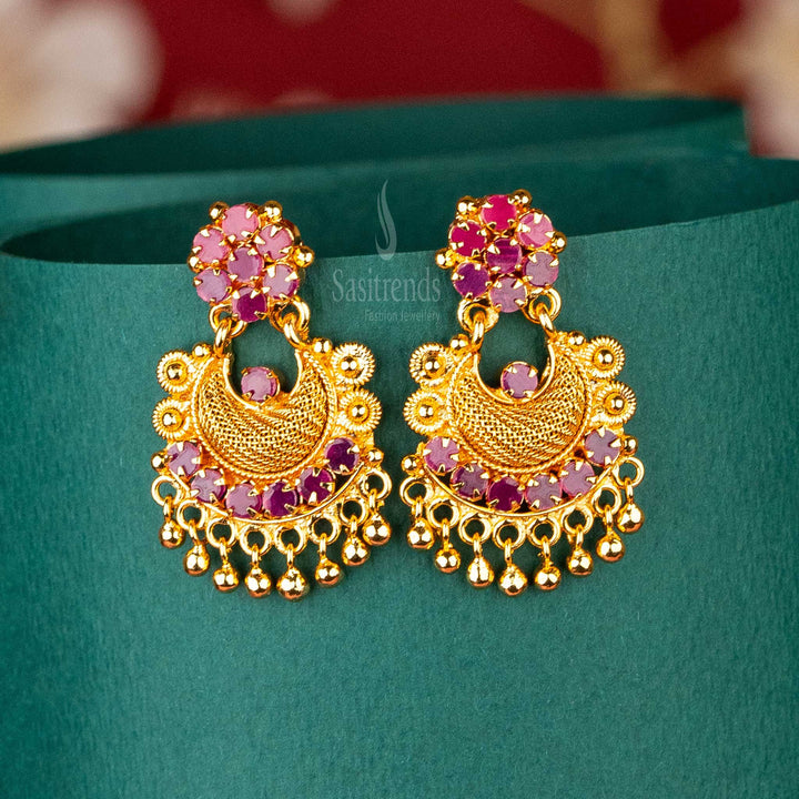 Sasitrends - Traditional Micro Gold Crescent Dangle Earrings with AD Stones