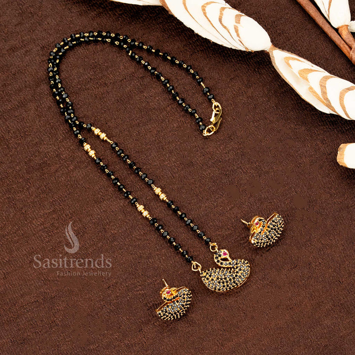 Micro Gold Plated Wedding Mangalsutra Set with Black Swan Pendant and Matching Earrings - Sasitrends