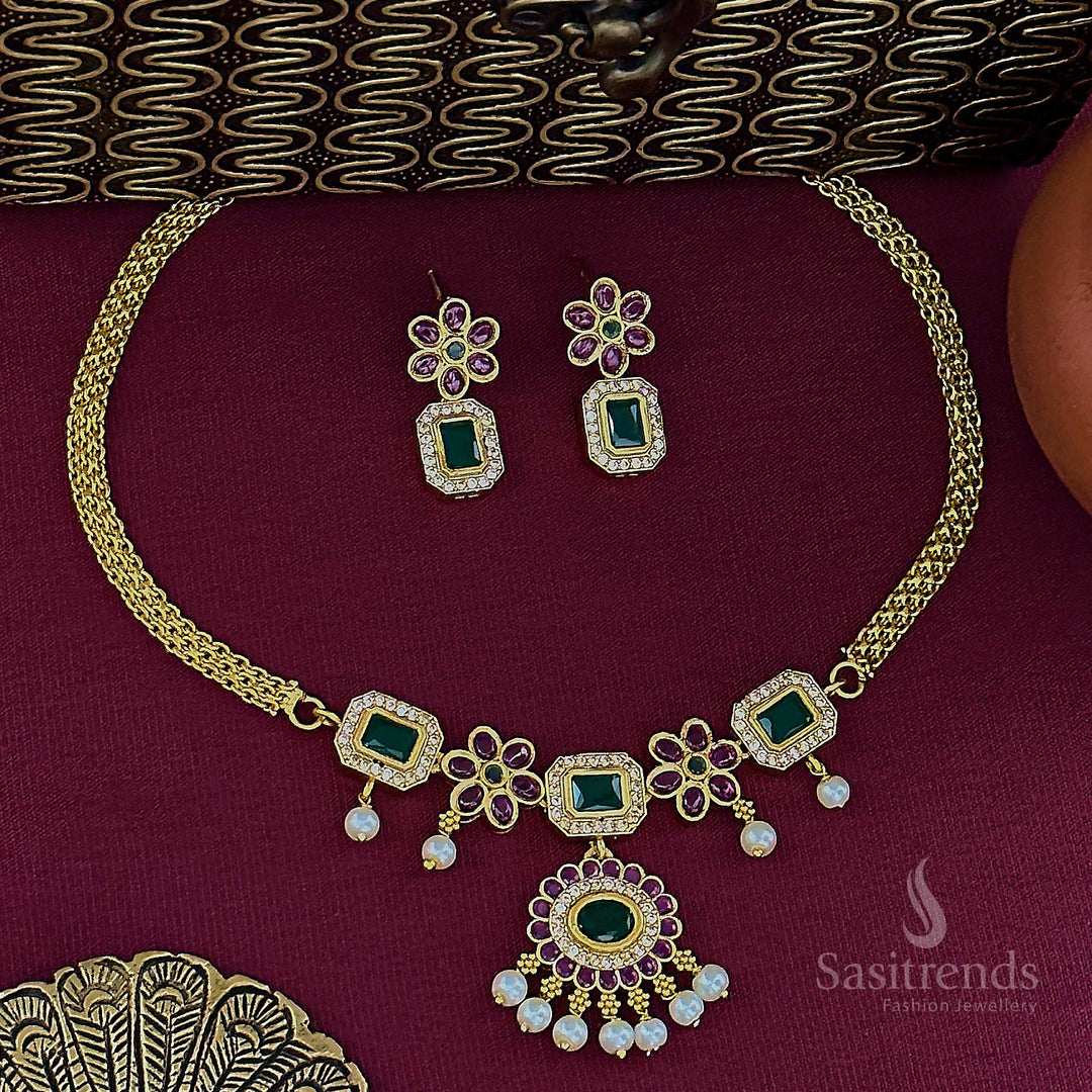 Exquisite traditional AD floral attigai jewellery set in temple matte gold plating with gleaming kemp stones – elegant ethnic harmony for saree styling – Sasitrends