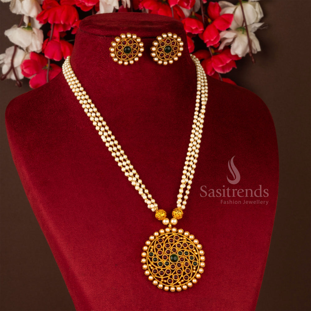 Regal and intricate matte gold-plated temple three-line pearl mala necklace jewellery set featuring a luxurious blend of ruby and green stones - Sasitrends