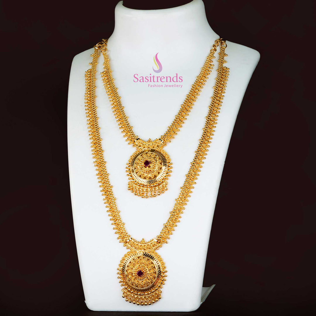 Elegant Micro Gold-Plated Long and Short Combo Jewellery Set with Ruby Stones – A Traditional Women’s Ethnic Wear for Grand Celebrations - Sasitrends