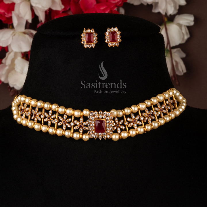Exquisite matte gold finish temple-style pearl choker necklace jewellery set, adorned with ruby-white stones and intricate detailing, perfect for weddings and cultural events - Sasitrends