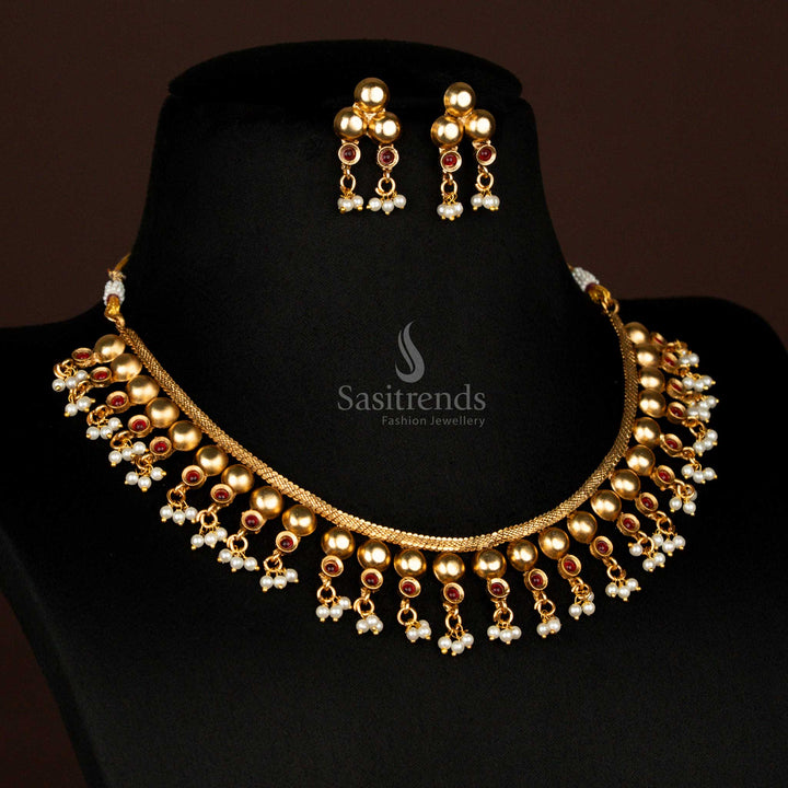 Traditional Wedding Jewellery Matte Gold Ball Necklace with Earrings – Sasitrends