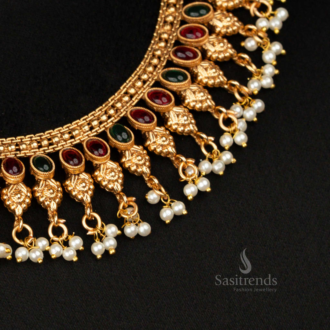 Classic Matte Gold Plated Temple Jewellery Necklace Set with Floral Drop Motifs and Bead Hangings – Sasitrends