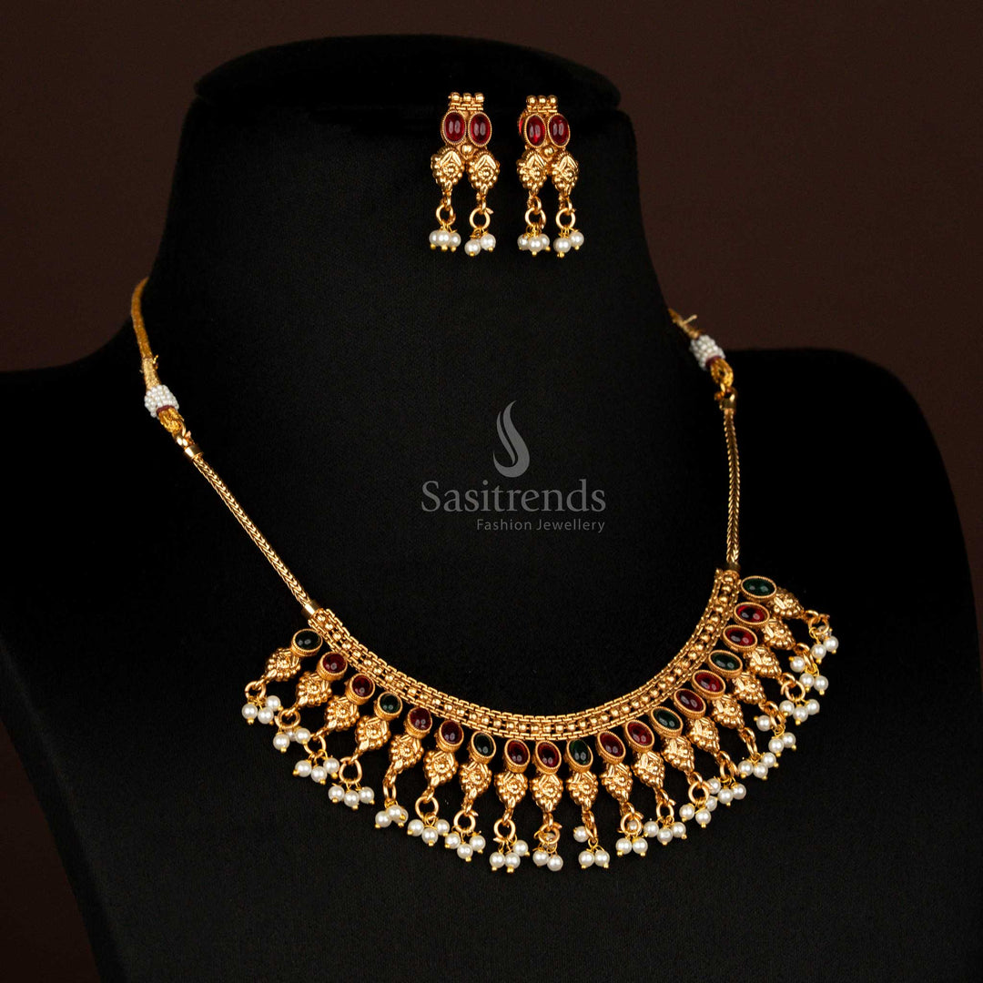 Classic Matte Gold Plated Temple Jewellery Necklace Set with Floral Drop Motifs and Bead Hangings – Sasitrends
