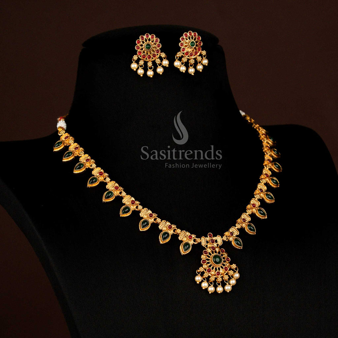 Pocket Friendly Classic Temple Matte Gold Plated Floral Teardrop Ruby Green Pearl Necklace Set - Sasitrends