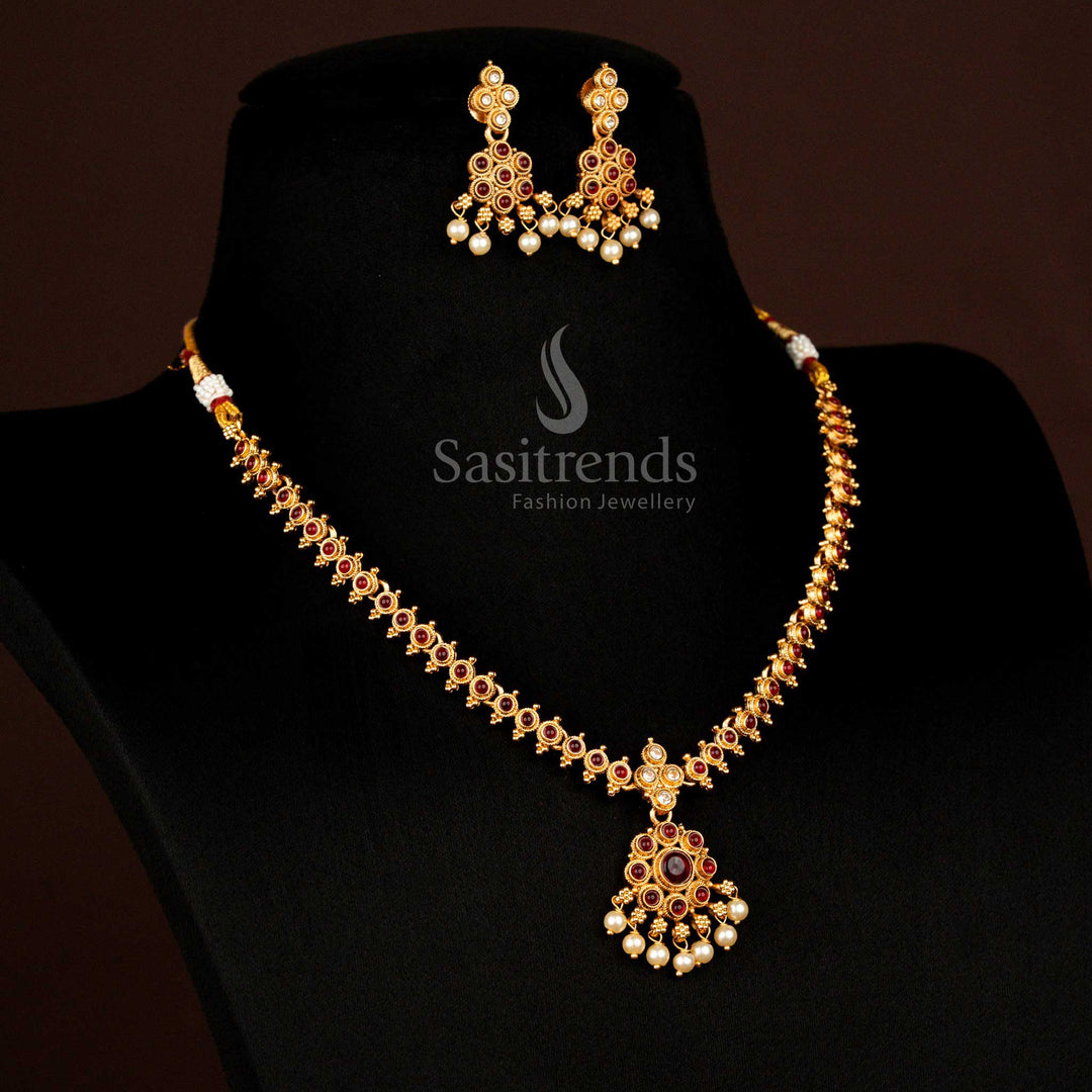 Classic Temple Matte Gold Plated Circular Stone Floral Ruby Pearl Necklace Set ,  Pocket Friendly - Sasitrends