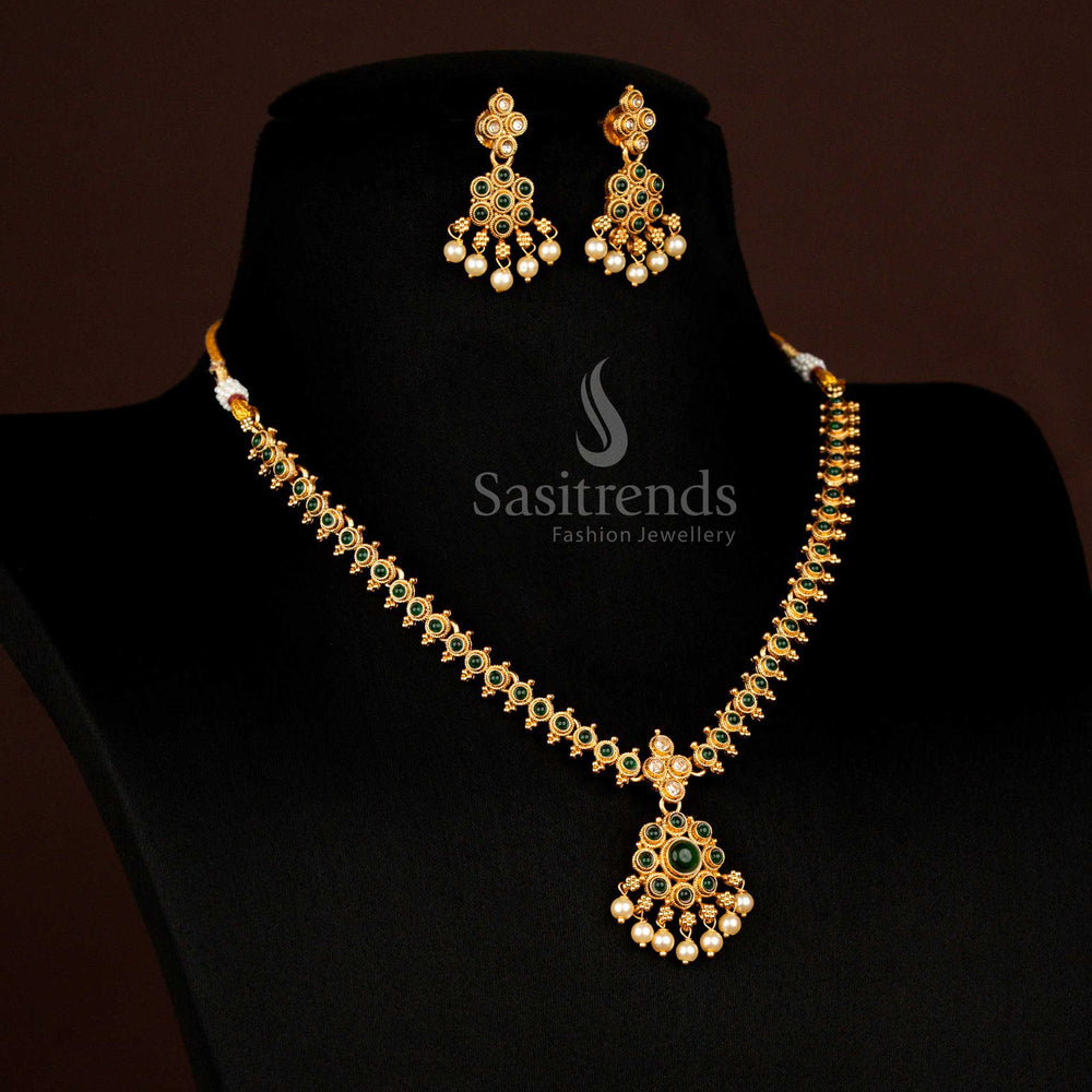 Traditional Classic Temple Matte Gold Plated Circular Stone Floral Green Pearl Necklace Set ,  Pocket Friendly - Sasitrends