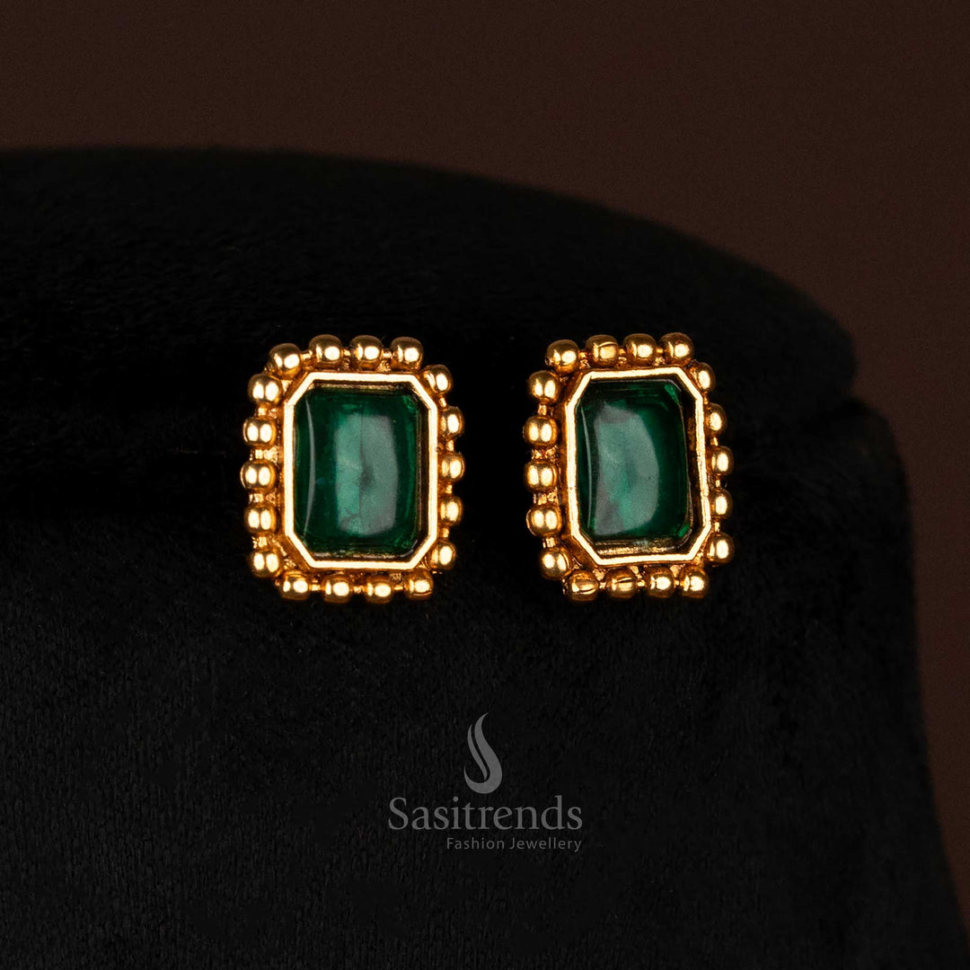 Regal green stone matte gold ball chain earrings set with stylish rectangle centre and finely crafted stud earrings – a traditional jewellery set suited for weddings and formal gatherings – Sasitrends