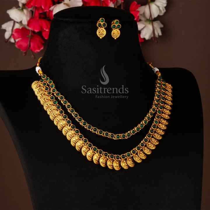Green charm Lakshmi necklace in two-layer matte gold with coin motifs and matching green earrings – perfect festive wear jewellery – sasitrends