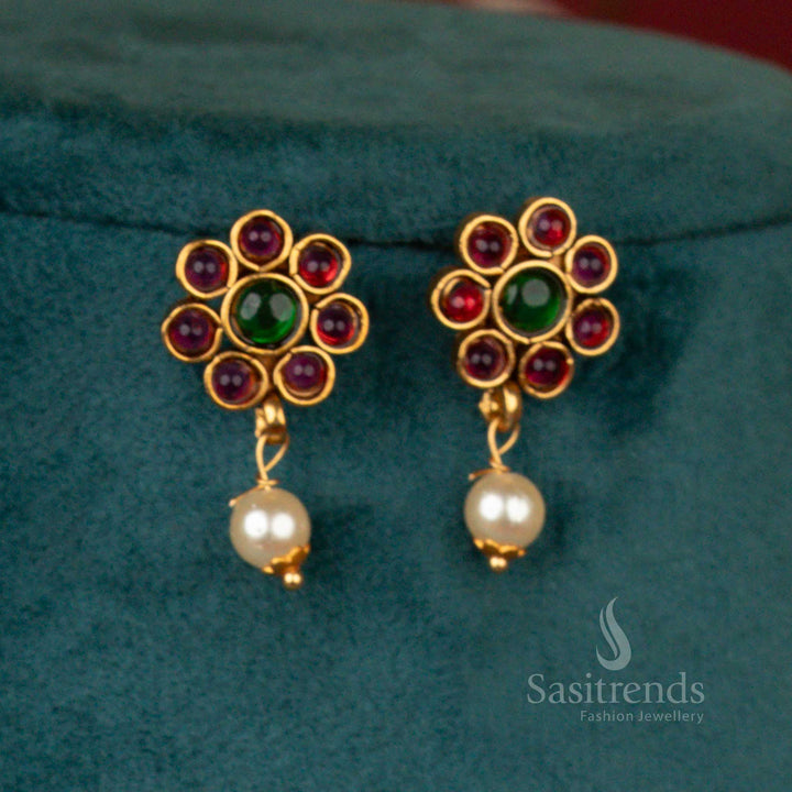 Regal Ruby-Green Matte Finish Temple Style Earrings Set With Ornate Pearl Drops And Timeless Antique Gold Plated Charm – A Splendid Choice For Festive And Bridal Wear By Sasitrends