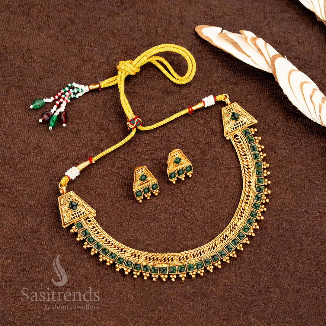 Traditional bride’s matte gold green stone square pattern necklace set, enriched with divine temple vibes, ideal for wedding jewellery elegance and heritage grace by Sasitrends