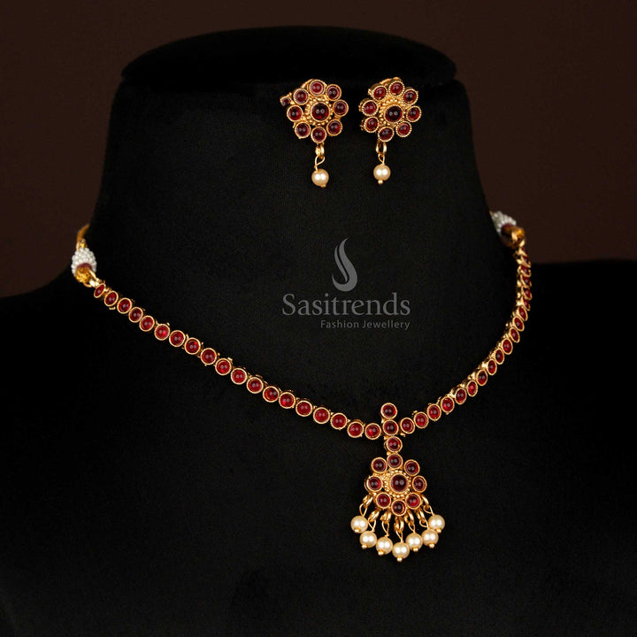 Graceful matte gold necklace with round floral ruby pendant and pearl drops – perfect for traditional bridal styling with ethnic sophistication – Sasitrends