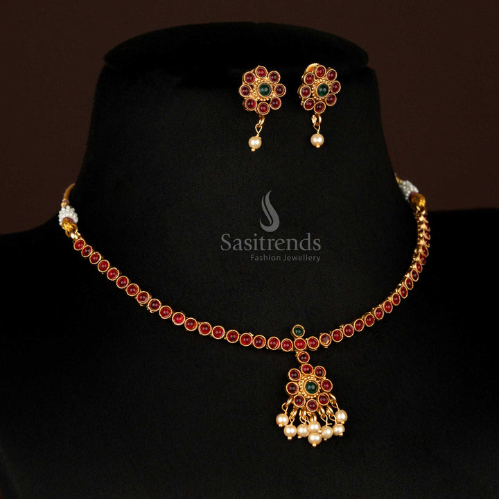 Elegant ruby-green matte gold plated temple necklace featuring a floral round pendant and pearl accents – festive jewellery crafted for grandeur – Sasitrends