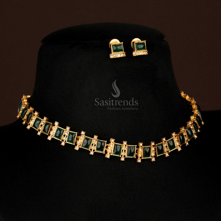 Elegant matte gold plated necklace with green square stones and coordinated stud earrings – traditional festive wear jewellery that radiates graceful charm – Sasitrends