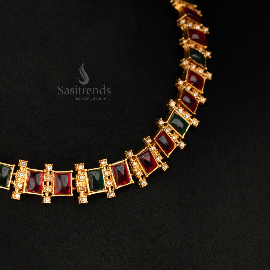 Festive temple necklace set in ruby-green hues with matte gold square design and coordinated earrings – created for cultural glamour and traditional poise – Sasitrends