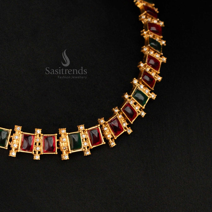 Festive temple necklace set in ruby-green hues with matte gold square design and coordinated earrings – created for cultural glamour and traditional poise – Sasitrends