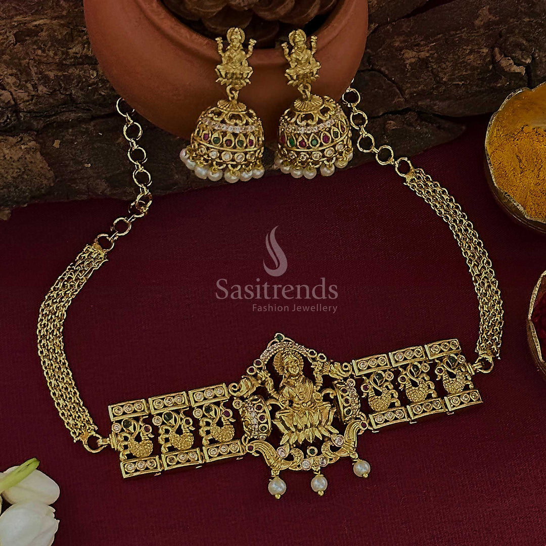 Temple Gold Plated Lakshmi & Peacock Choker Necklace with Jhumkas - Trendy Traditional Jewellery - Sasitrends