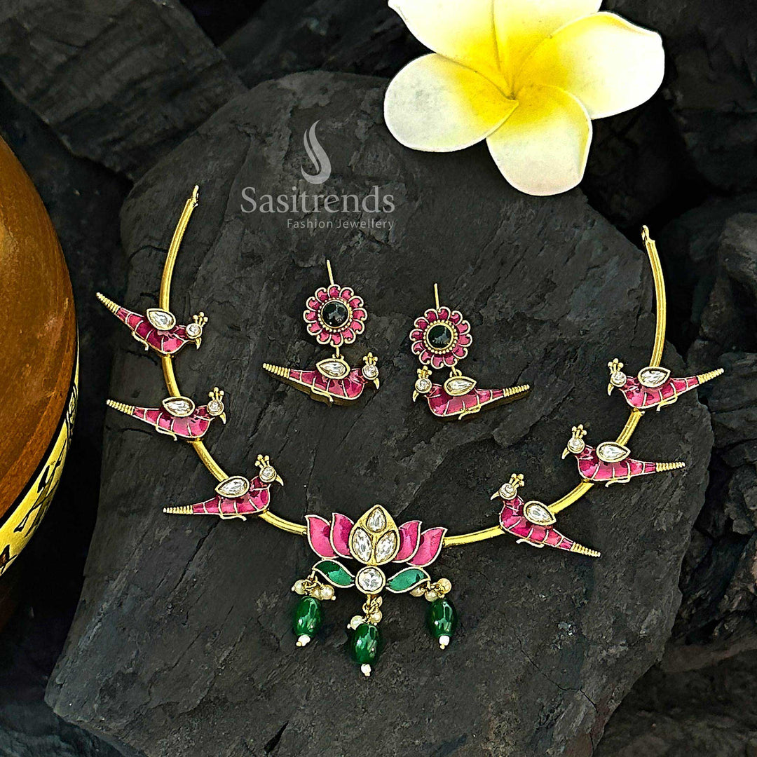 Lotus Pendant Attigai Choker Necklace with Kemp Stones & Earrings - Sasitrends