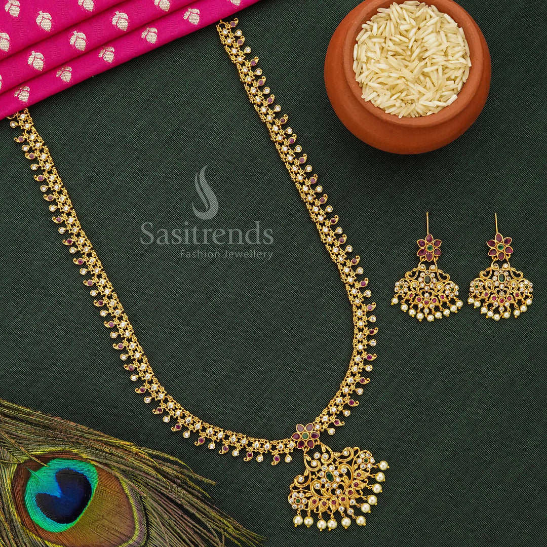 Festive Coloured AD Stone Long Jewellery Set With Hanging Pearls In Temple Matte Gold Tone, Traditional Handcrafted Design For Sarees And Bridal Wear – Sasitrends