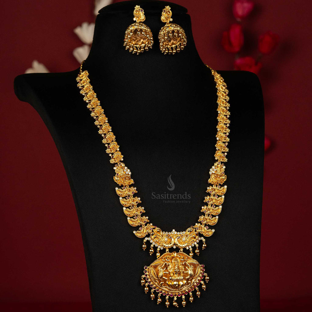 Matte gold-plated temple Lakshmi Nagas jewellery set with elephant pendant