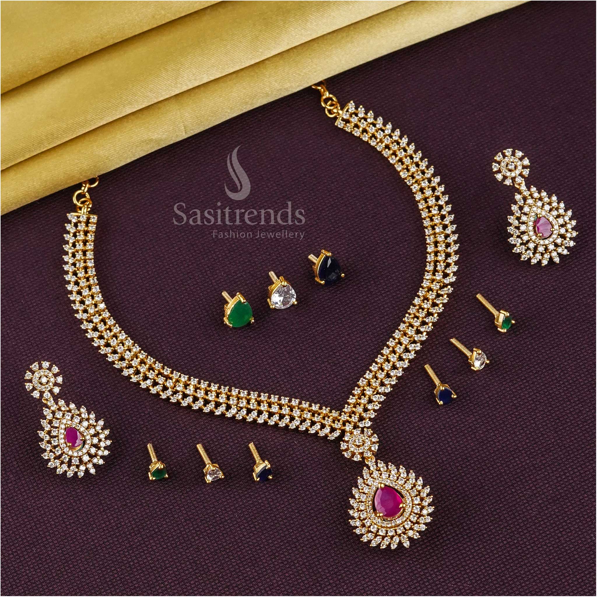 Versatile Broad Tilak Interchangeable Matte Gold Tone American Diamond  Necklace Jewellery Set with Ruby, Green, Blue, and White Stones Sasitrends