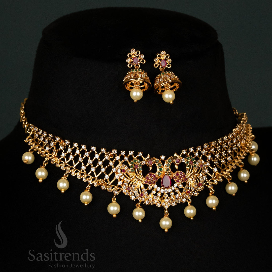Micro Gold Plated Peacock Choker Necklace Set with American Diamonds – Sasitrends