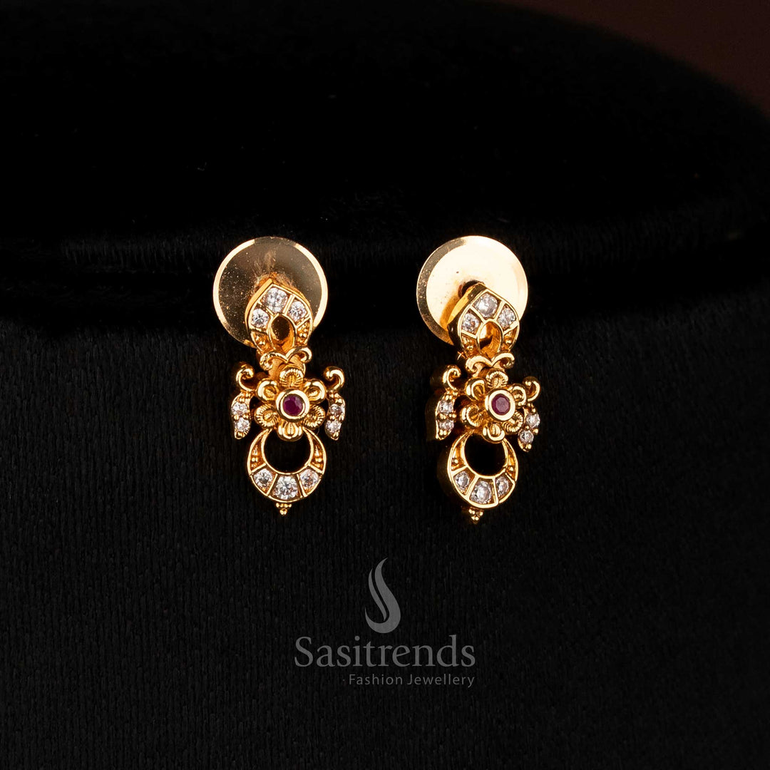 Premium Matte Gold Plated Crescent Moon Necklace with Floral White Ruby AD Stones, Temple-Inspired Regalia by Sasitrends