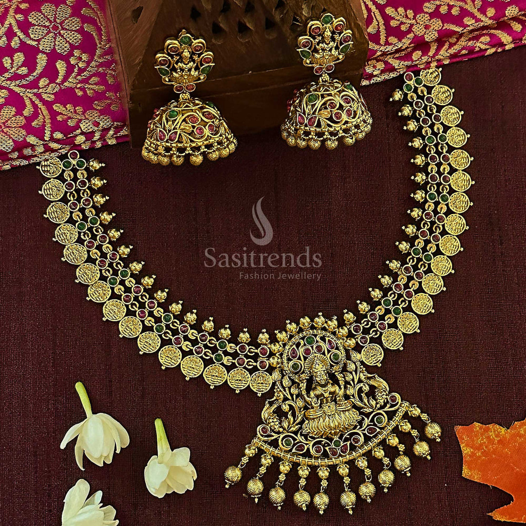 Matte Gold Plated Lakshmi Coin Choker Necklace with Peacock Motif - Sasitrends