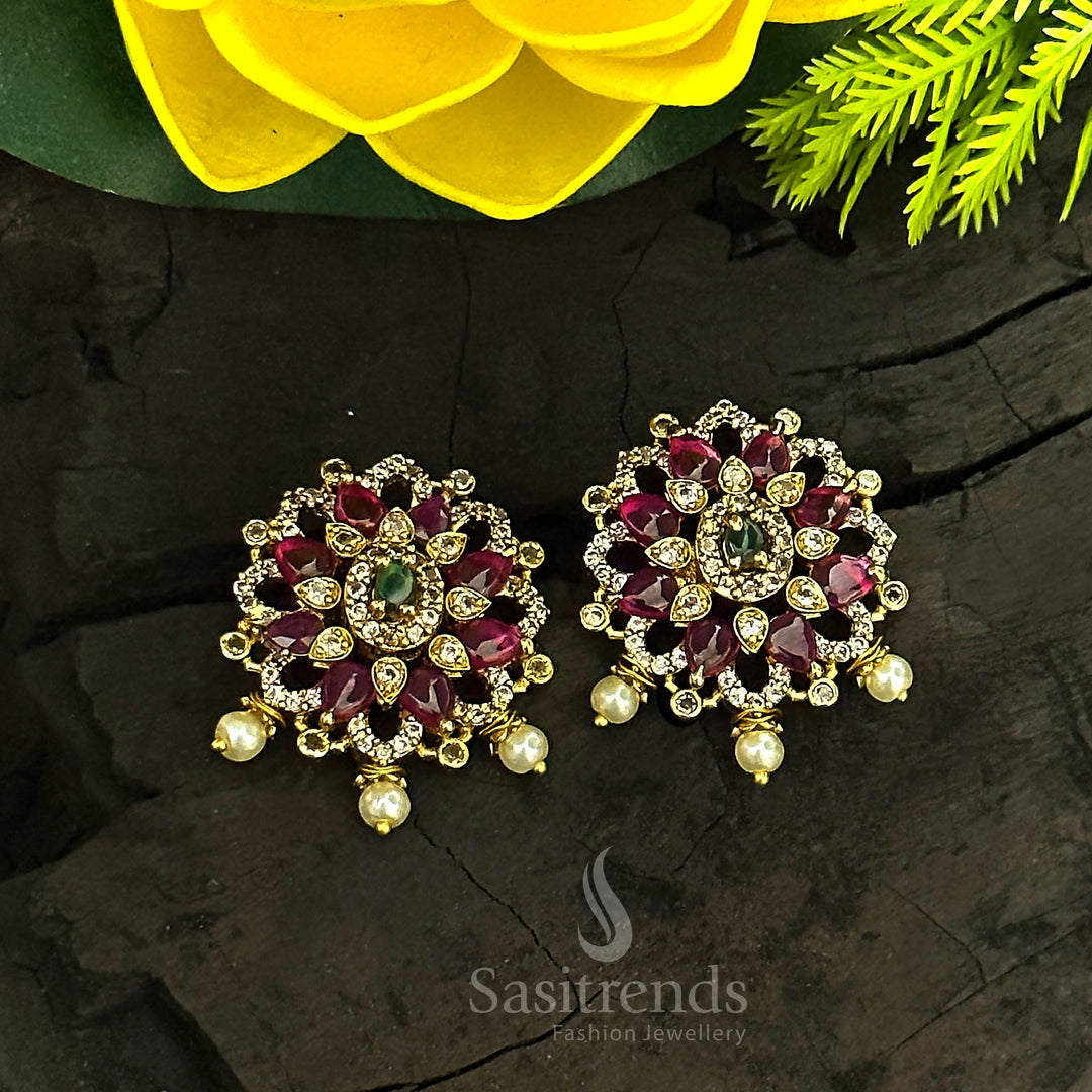 Exquisite multi-colour floral stone stud earrings in radiant harmony design with artistic finesse and temple jewellery finish - Sasitrends
