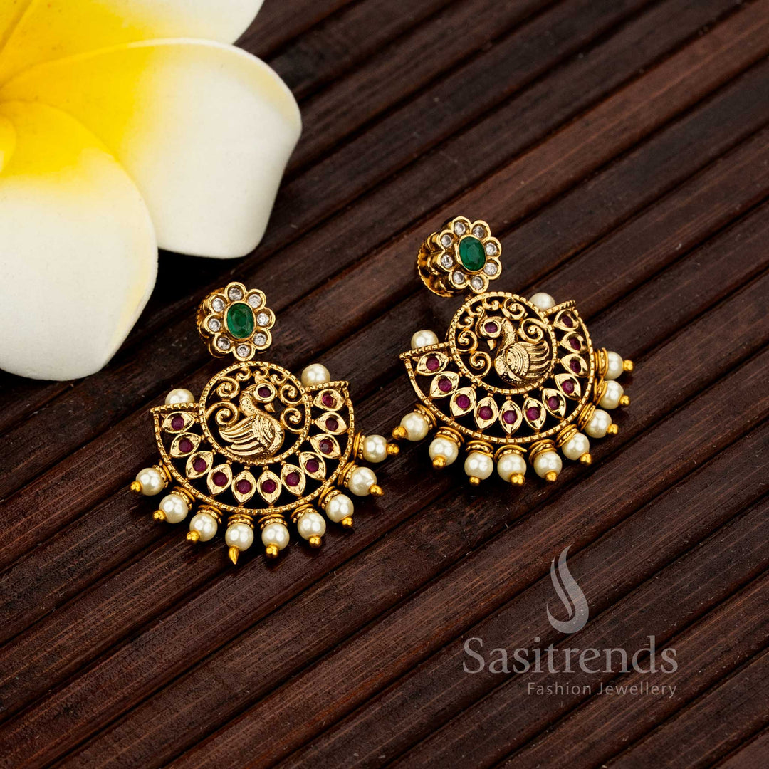Traditional Half-Moon Stud Earrings with Floral Top and Temple Work - Sasitrends