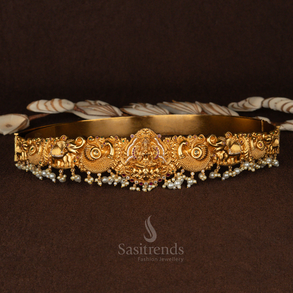 Premium Temple Matte Gold Plated Lakshmi Hip Belt with Pearl Drops - Sasitrends