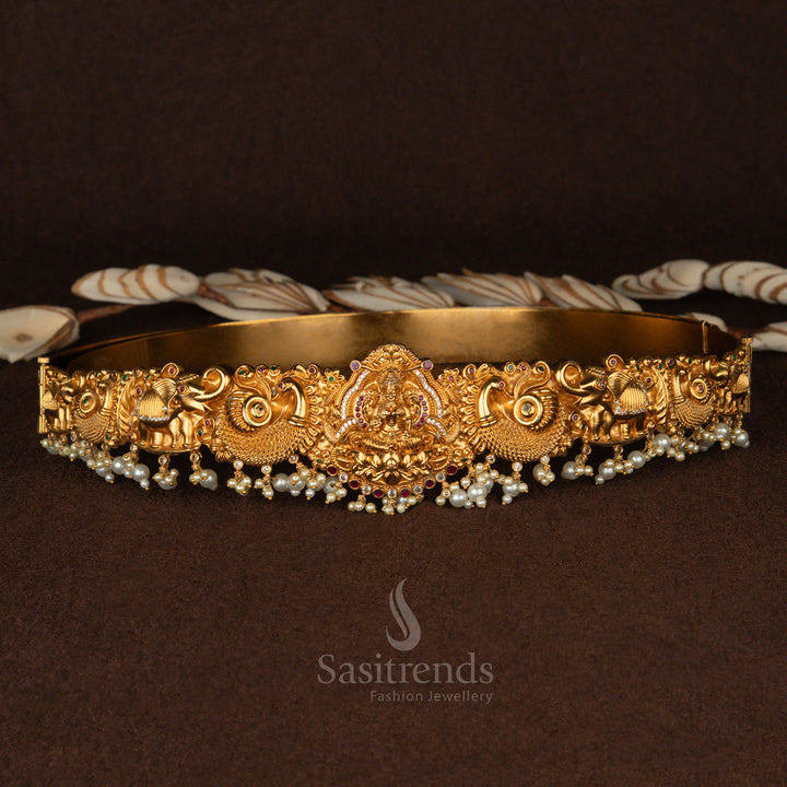 Premium Temple Matte Gold Plated Lakshmi Hip Belt with Pearl Drops - Sasitrends