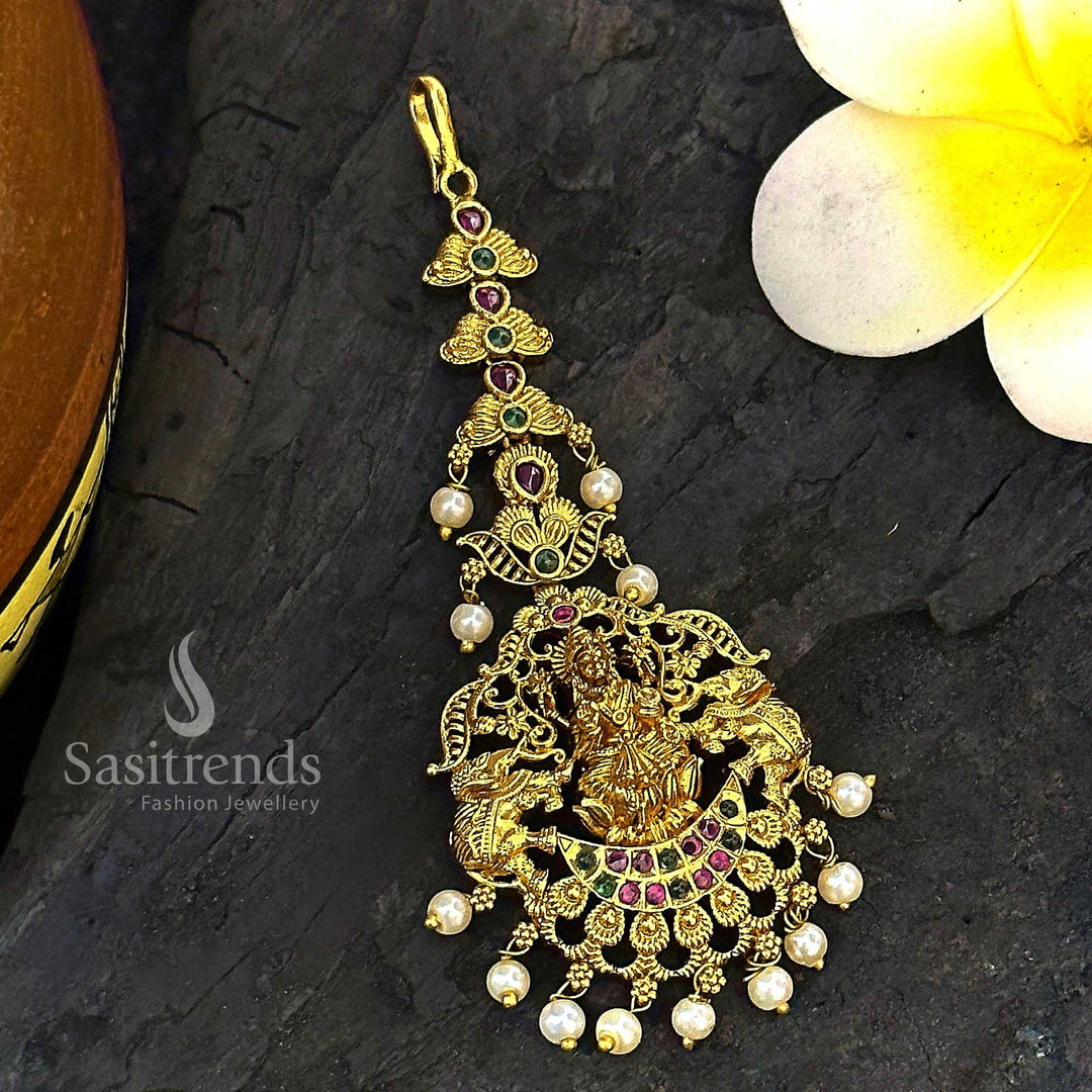 Lakshmi & Elephant Motif AD Maang Tikka: Temple Gold Plated Elegance with Stones