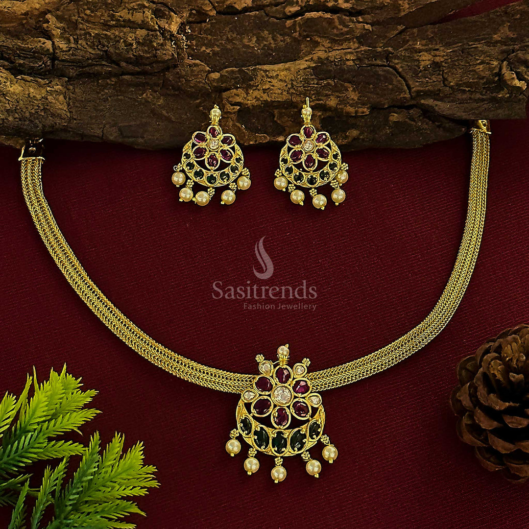 Gorgeous Temple Matte Gold Plated Floral Chandbali Pendant Attigai Jewellery Set with AD Stones | Sasitrends - Sasitrends